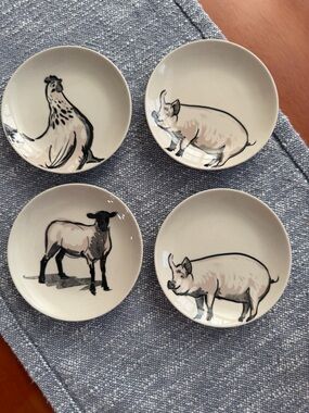 Farm Animal Ceramic Appetizer Bowls - Cream Illustrated Set